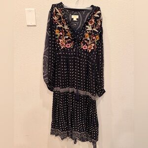 Anthropologie Navy Dress with Floral Embroidery